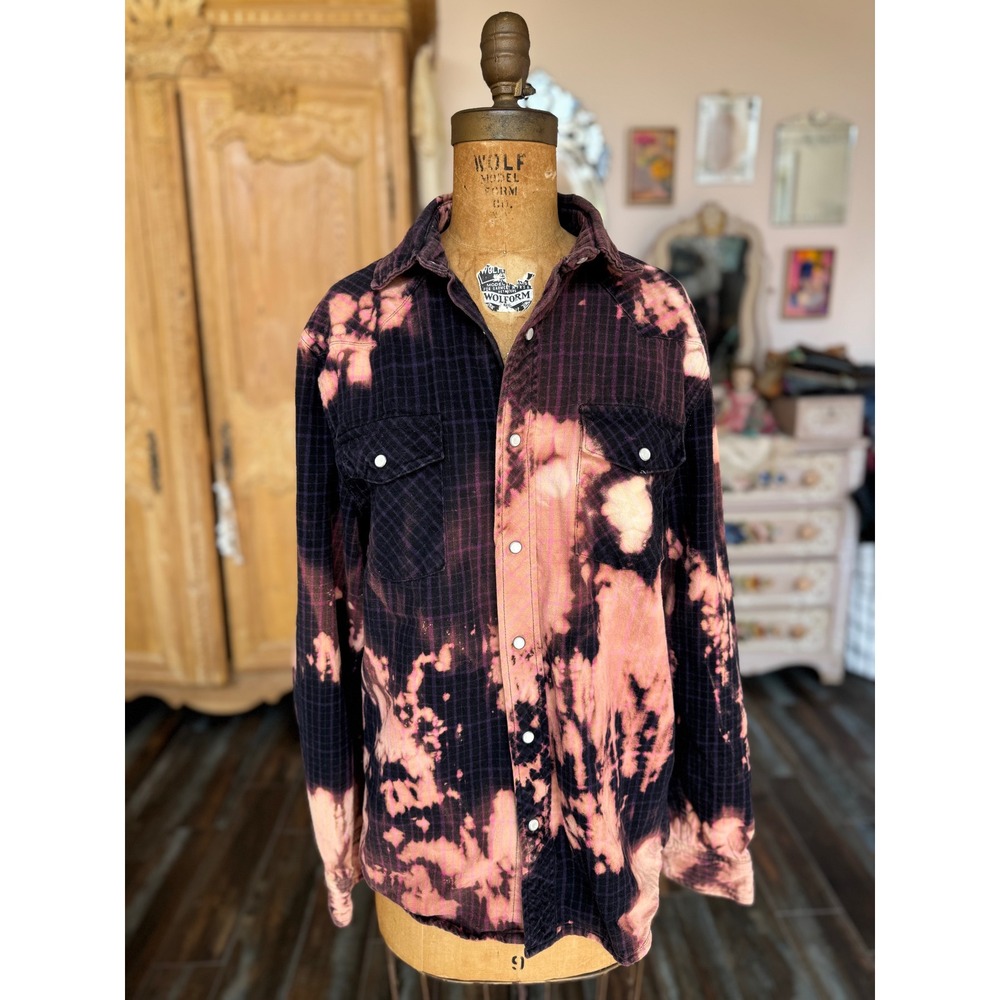 Bleach Dyed Western Flannel Sacred Heart Patch Shirt M/L - Picture 6 of 8